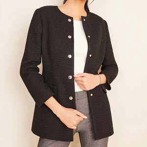 Ann Taylor Long Tweed Button Jacket Black Snap Button Front Pockets Women’s 10